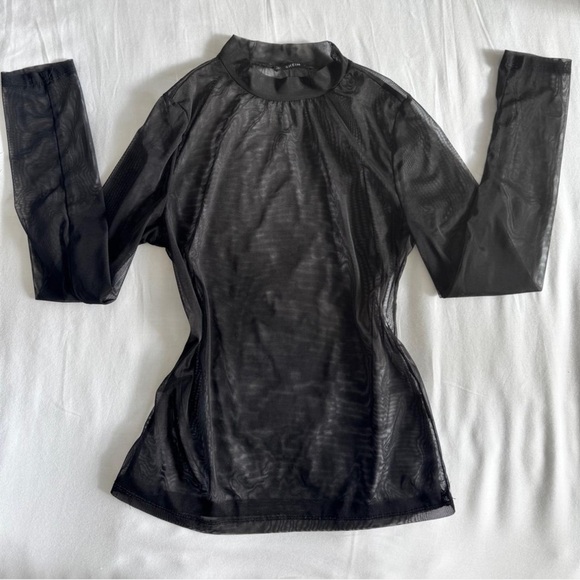 Black Fitted Sheer Mesh Long Sleeve Blouse - Picture 1 of 4